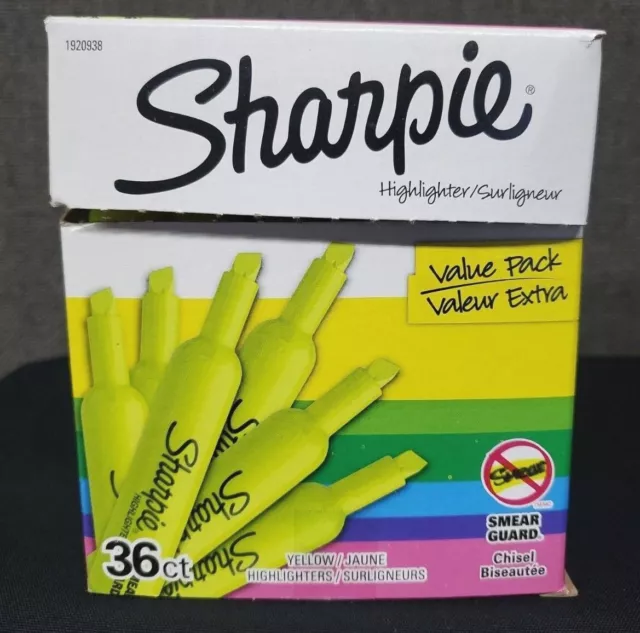 NEW! Sharpie Tank Style Highlighters, Chisel Tip, Fluorescent Yellow, Box of 36