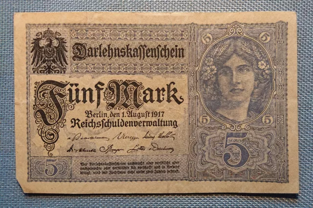 Darlehnskassenschein Fünf Mark Berlin 1. August 1917 Reichsschuldenverwaltung