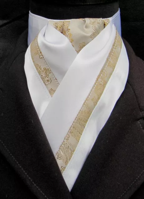 Ready Tied White Tan & Gold Paisley Faux Silk Riding Stock Tie - Dressage