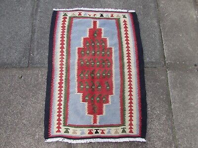 Vintage Traditional Hand Made Oriental Wool Blue Red Small Kilim 86x61cm