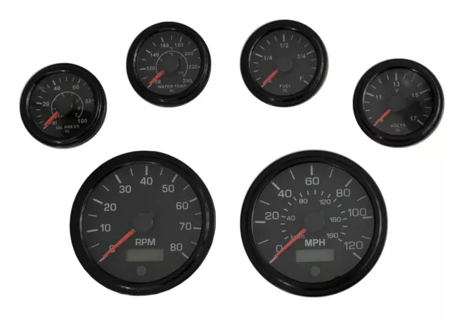 6 Gauge set black w/senders, Speedo,Tacho, Oil, Volt, Fuel, Temp gauges, 001BB-S