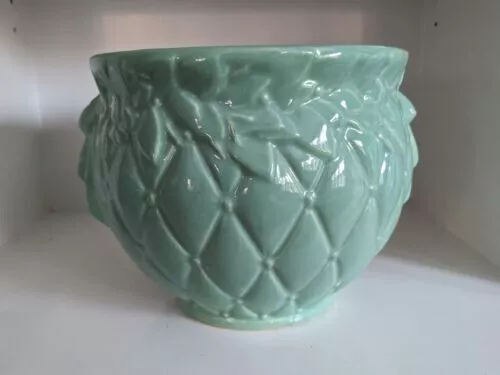 McCoy Jardiniere Planter Seafoam Aqua Green Diamond Quilted Excellent Condition