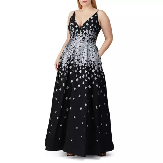 ML Monique Lhuillier Silver Metallic Jacquard Gown Black Womens Size 14