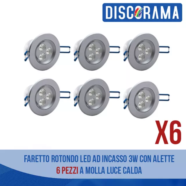 Faretto Rotondo Led Ad Incasso 3W Con Alette 6 Pezzi A Molla Luce Calda