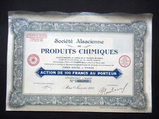 Societe Alsacienne De Produits Chimiques - Action 100 Francs 1928