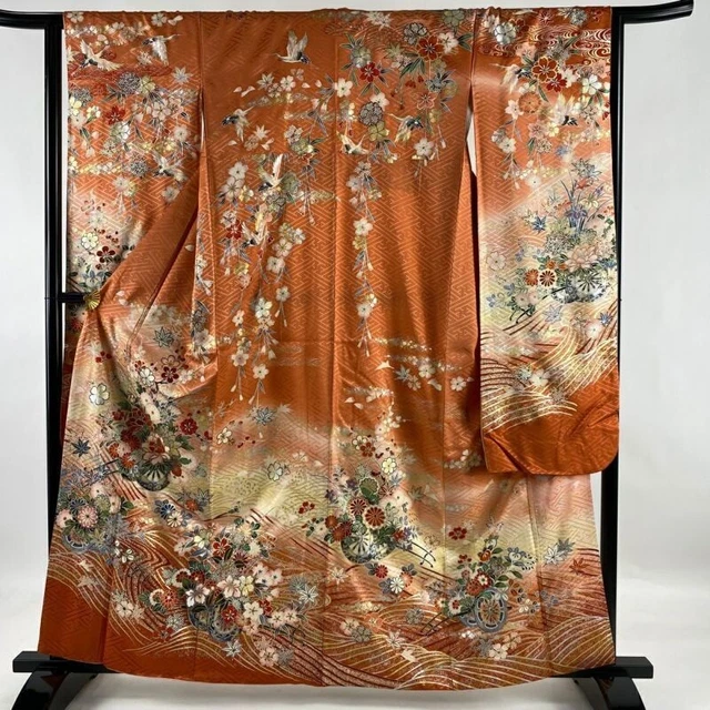 Woman Japanese Kimono Furisode Silk Flower Cart Wave Gold Silver Foil SalmonPink