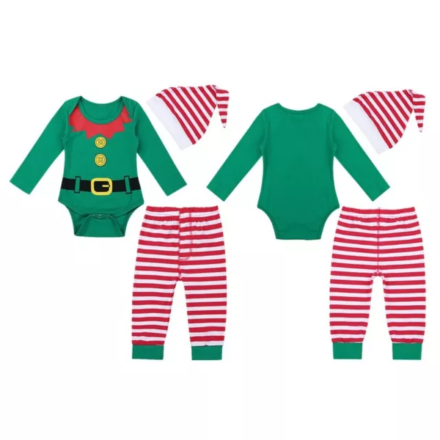 UK Toddler Baby Boys Girls Christmas Outfit Green Romper Tops Striped Pants Hat