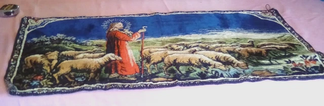 40's Vintage Jesus the Shepherd Velvet Tapestry Wall Hanging-Shelf Runner 37x19
