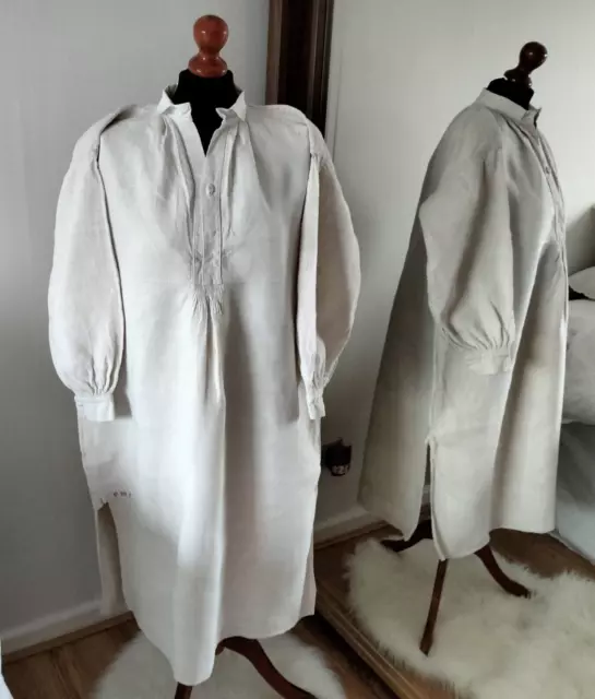 Antique French Chanvre Linen Farmers Chore Workers Artist Smock Nightshirt (2)