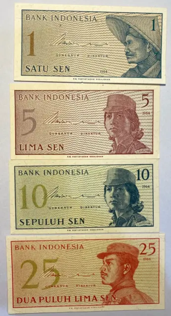 Indonesia Sen banknote -  P90 P91 P92 P93  1, 5, 10, 25,  Sen 1964- Uncirculated