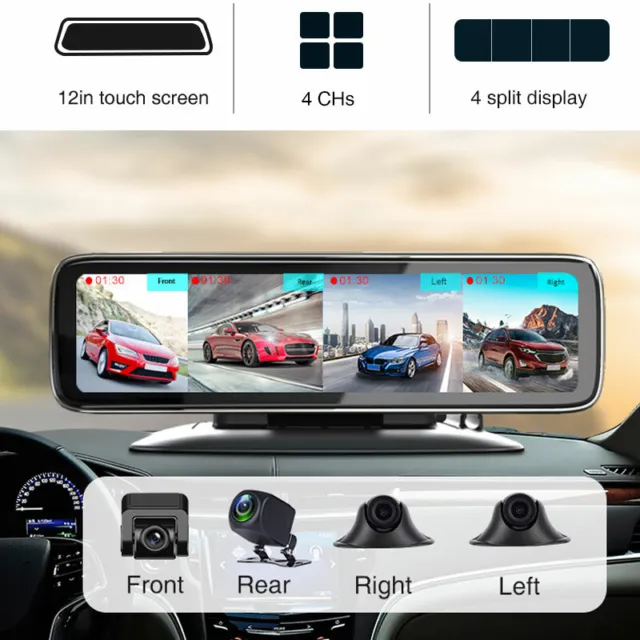 12" 360 Degree Dash Cam 4 CHS Camera HD 1080P Vehicle Car Rear Mirror DVR Video