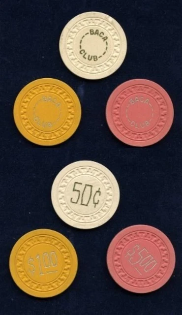 BACA CAFE CLUB SPRINGFIELD CO 1940s 3 CLAY POKER CHIPS ILLEGAL CASINO 50¢ $1 $5