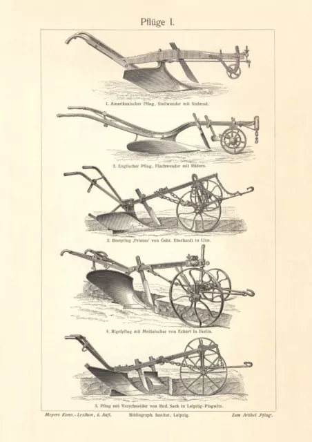 Pflüge I. - II. historischer Druck Holzstich ca. 1906 antike Bildtafel