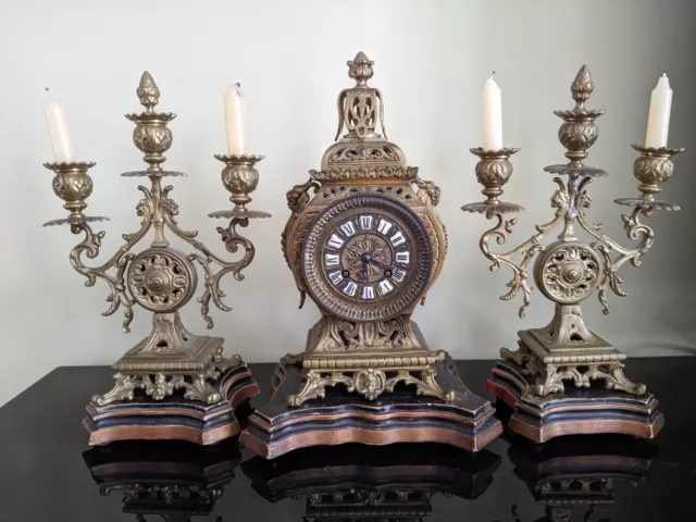 Antique Bronze French  Mantel Mantle Clock  Set