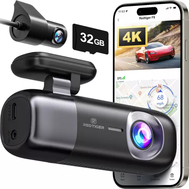 REDTIGER Dash Cam 4K/2.5K Anteriore E Posteriore, Dash Cam Auto Con Wifi E GPS,