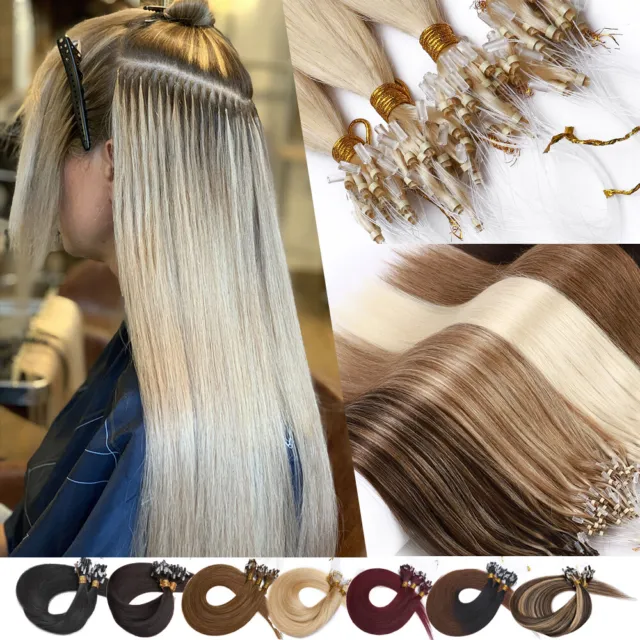 200Strähnen Dick Remy Echthaar Haarverlängerung Micro Ring Beads Extensions Lang