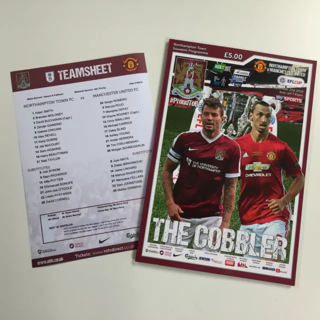 NORTHAMPTON TOWN v MANCHESTER UNITED | OFFICIAL PROGRAMME & TEAMSHEET | FREEPOST