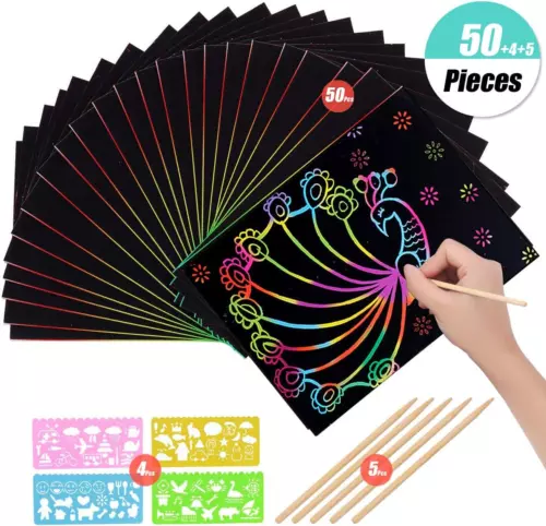 50 Art Sheets Scratch Paper Magic Rainbow Painting Doodle Boards 5 Wooden Stylus