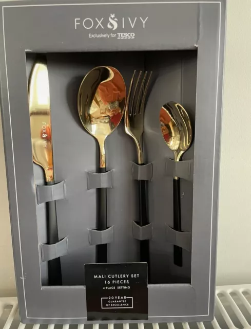 Fox & Ivy Mali Cutlery Set, 16 piece, Gold and Black, Brand New