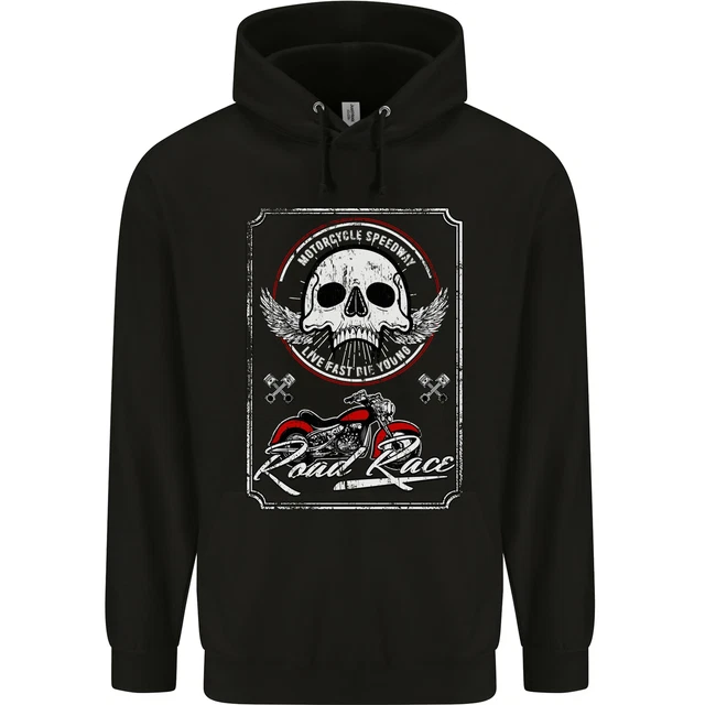 Motorcycle Road Race Biker Motorbike Skull Mens 80% Cotton Hoodie