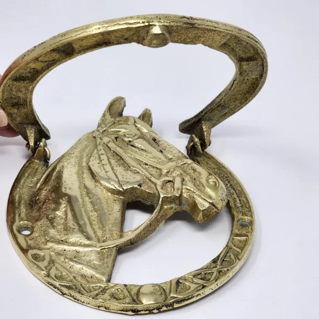 Vintage Brass Horse's Head & Horseshoe Door Knocker Heavy 5" Wide