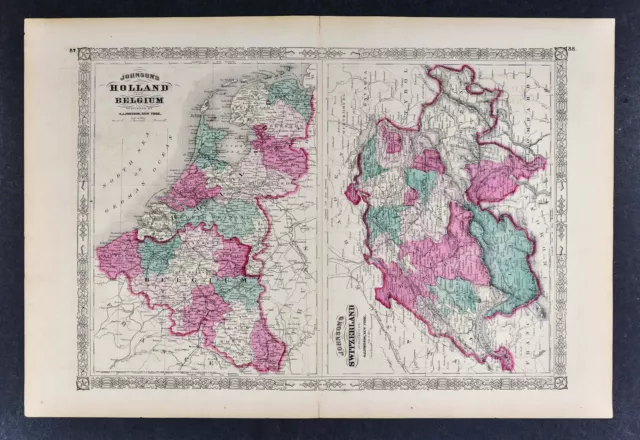 1867 Johnson Map Holland Belgium Amsterdam Brussels - Switzerland Geneva Zurich