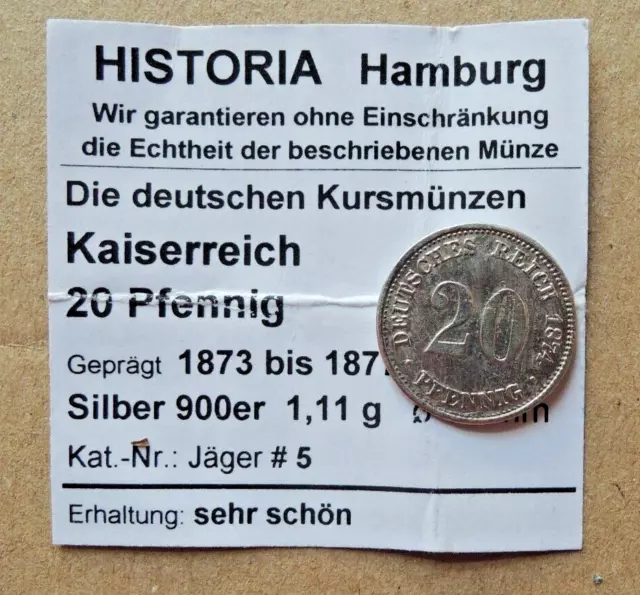 20 Pfennig Silber - Münze , DR , Kaiserreich 1874 A , ss