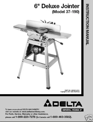 Delta Jointer Model# 37-190 Instruction Manual