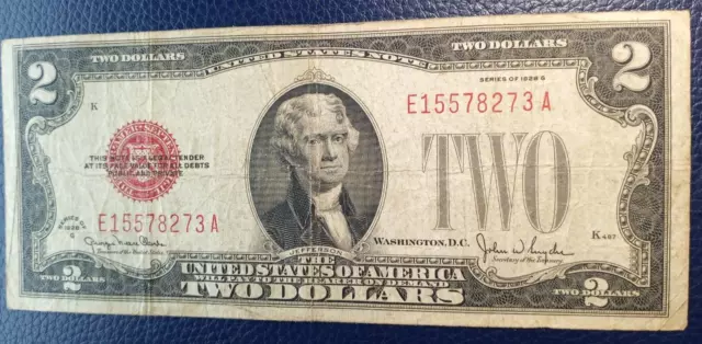 1928 G $2 United States Note - Red Seal - Legal Tender Note Two Dollar Bill