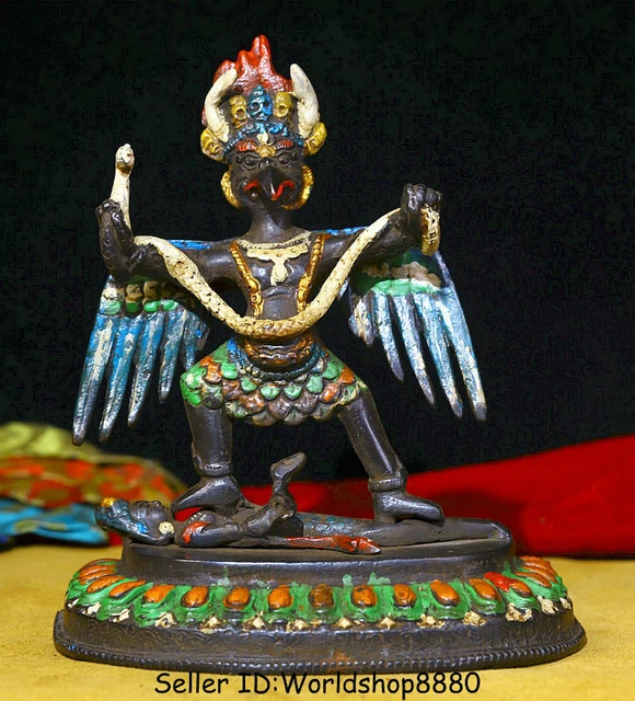 7.2" Old Tibetan Bronze Painting Redpoll Winged Garuda Bird Eagle Buddha Statue