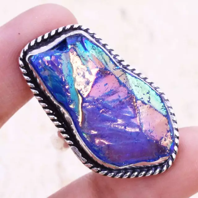 Color Enhanced Titanium Druzy 925 Silver Plated Ring US Size 7 Ethnic