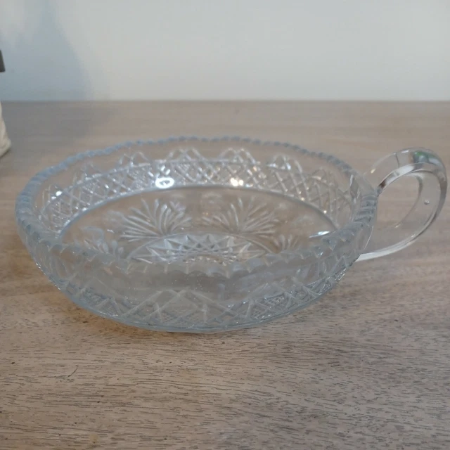 VINTAGE CUT GLASS Candy Dish with Finger Loop Handle Scalloped Sawtooth