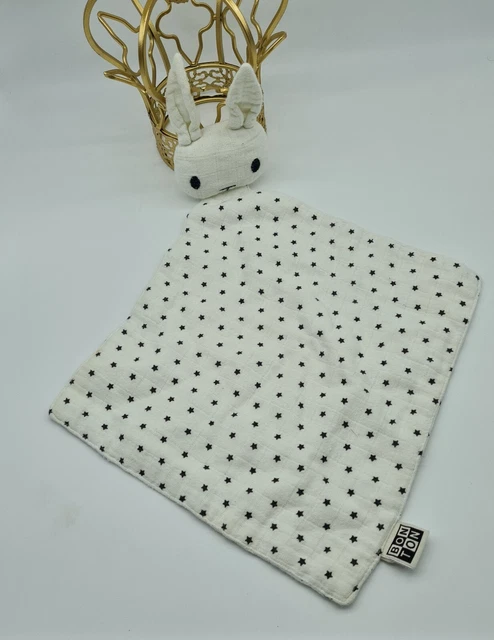 Doudou Plat Lapin Blanc Etoiles Noires Lange Gaze Tissu Coton Bonton Bon Ton 23