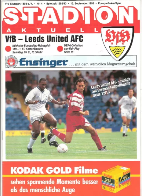 BRD Stuttgart VfB 1992/93 v Leeds United European Cup Programm