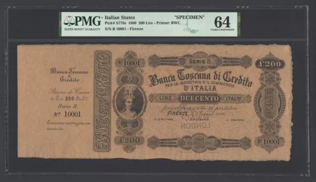 Banca Toscana Di Credito Specimen 200 Lire 02.01.1880 Certificato Pmg 64 Unc/Fds