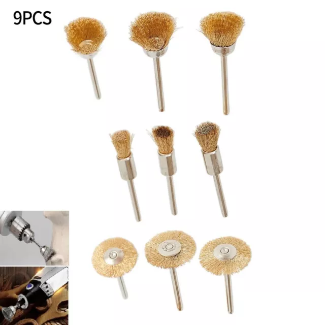 9PCS Brass Wire Cup Wheel Brush Set For Drill Steel Metal Cleaning Rust Sanding