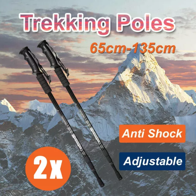 2x Adjustable Hiking Trekking Poles Walking Stick Camping Black Lightweight AU