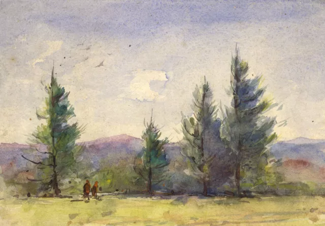 Pine Tree Landscape with Figures – early 20th-century watercolour painting