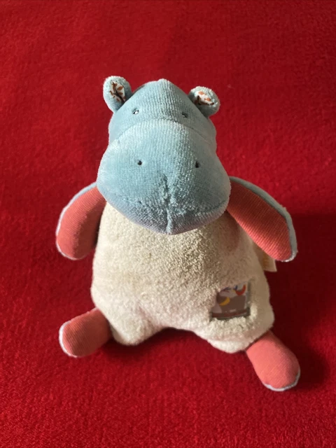 🇫🇷 DOUDOU HIPPOPOTAME MOULIN ROTY LES PAPOUM HOCHET GRELOT BEIGE BLEU 19 Cm