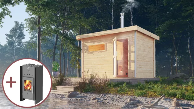 Saunahaus Gartensauna SKANDI 1 mit Vorraum + Holzofen Fintec moderne Tür Karibu