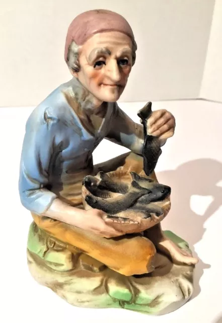 Vtg Fish Seller Monger w Basket Figurine Hand Painted Ceramic Japan Elderly EUC