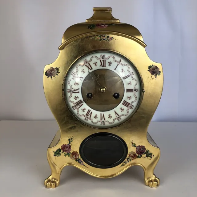 Vintage Schmid 8-day Fabrik SSS Marke Gold Wood Mantle Clock AS IS Parts/Repair