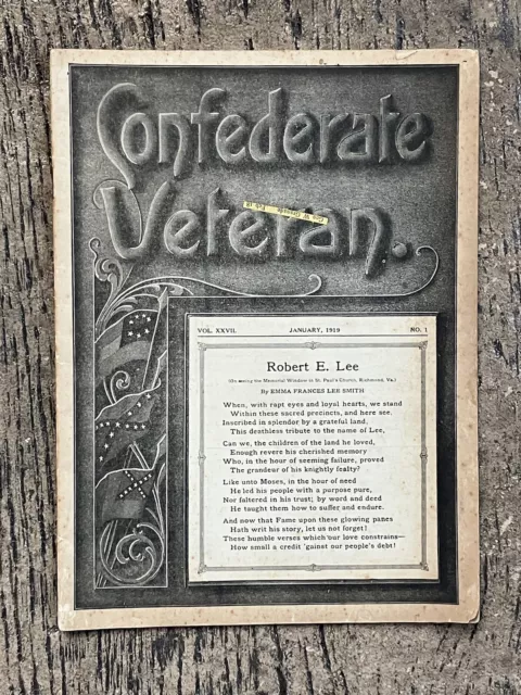 1919 - "CONFEDERATE VETERAN" Magazine - Front Cover:  ROBERT E. LEE Poem