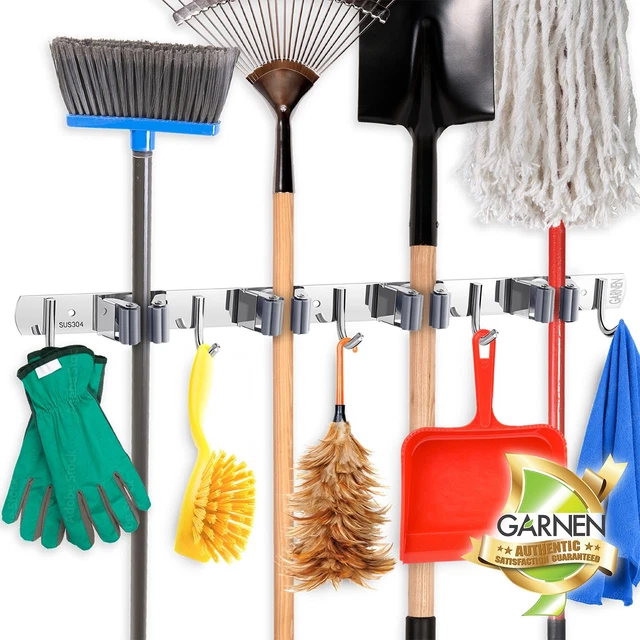 Garnen Mop and Broom Organizer Indoor/ Outdoor Wall Mount Holder Stainless Steel