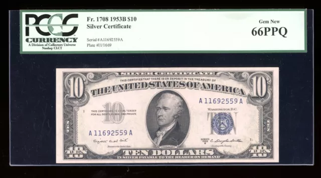 DBR 1953-B $10 Silver Fr. 1708 Gem PCGS 66 PPQ Serial A11692559A