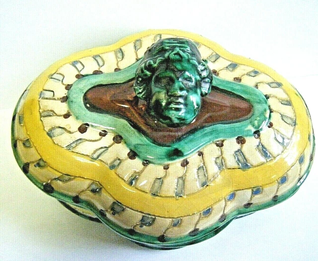 6.5" Vintage 1950s Italian Majolica Pottery Covered Dish With Head / Face 3