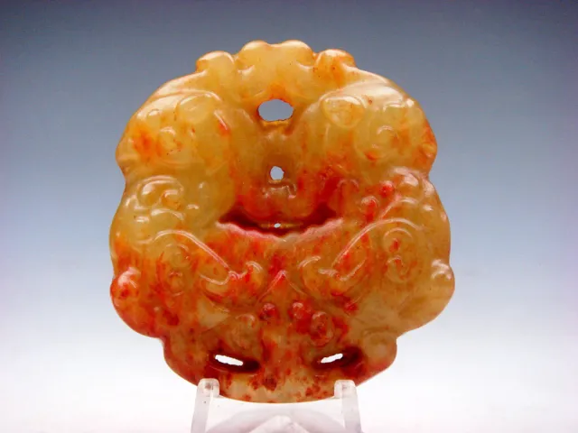 Old Nephrite Jade Stone Carved Pendant Double Monster Foo Dog Lions #01182407