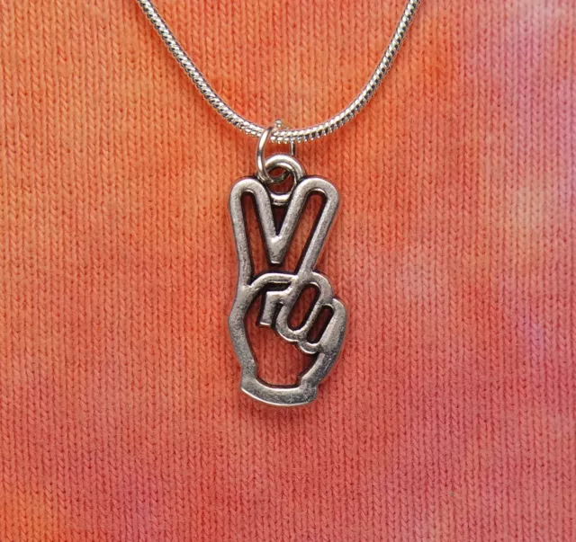 V Sign, Peace Hand Necklace, Victory Sign Fingers Double Sided Charm Pendant nb