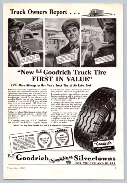 1941 Goodrich Speedliner Silvertowns Truck Tires Vintage Cars Print Ad