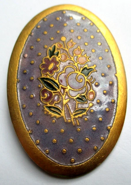 Broche Vintage En émail Cloisonné Rose Et Vert - Forme éventail Doré